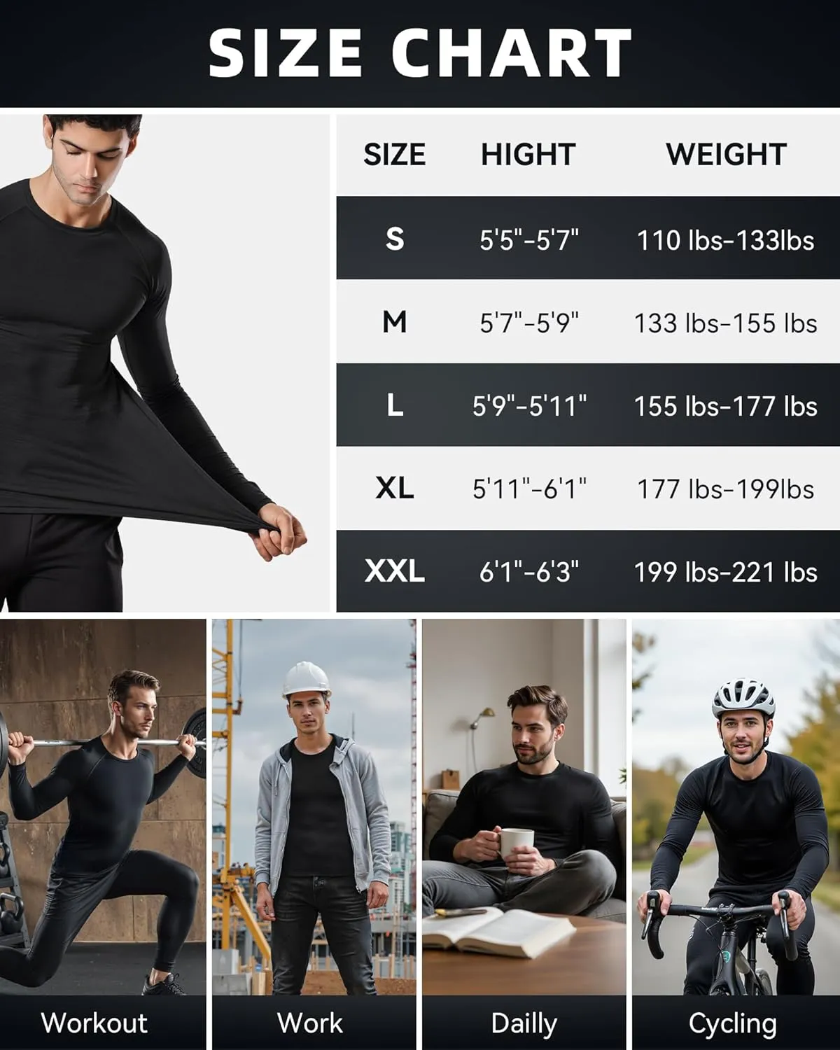 3 Pack Men's Compression Shirts Long Sleeve Athletic Base Layer Running Top UV Sun Protection Outdoor Work Out Shirts Black S