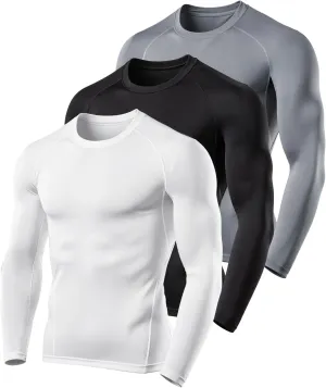 3 Pack Men's Compression Shirts Long Sleeve Athletic Base Layer Running Top UV Sun Protection Outdoor Work Out Shirts Black S