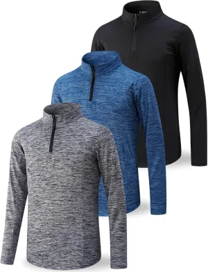 3 Pack Youth Boys Slim Fit Athletic Quarter Zip Pullover Shirts, Lightweight Long Sleeve Jackets Performance Tops