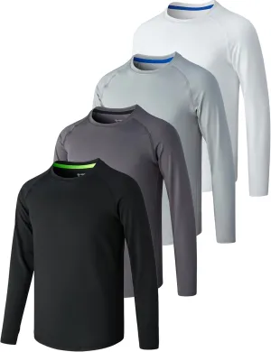 4 Pack: Youth Boys Long Sleeve Shirts Dry Fit Athletic Clothes for Teens, Kids Active Performance Tshirts with Thumb Holes