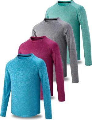4 Pack: Youth Boys Long Sleeve Shirts Dry Fit Athletic Clothes for Teens, Kids Active Performance Tshirts with Thumb Holes