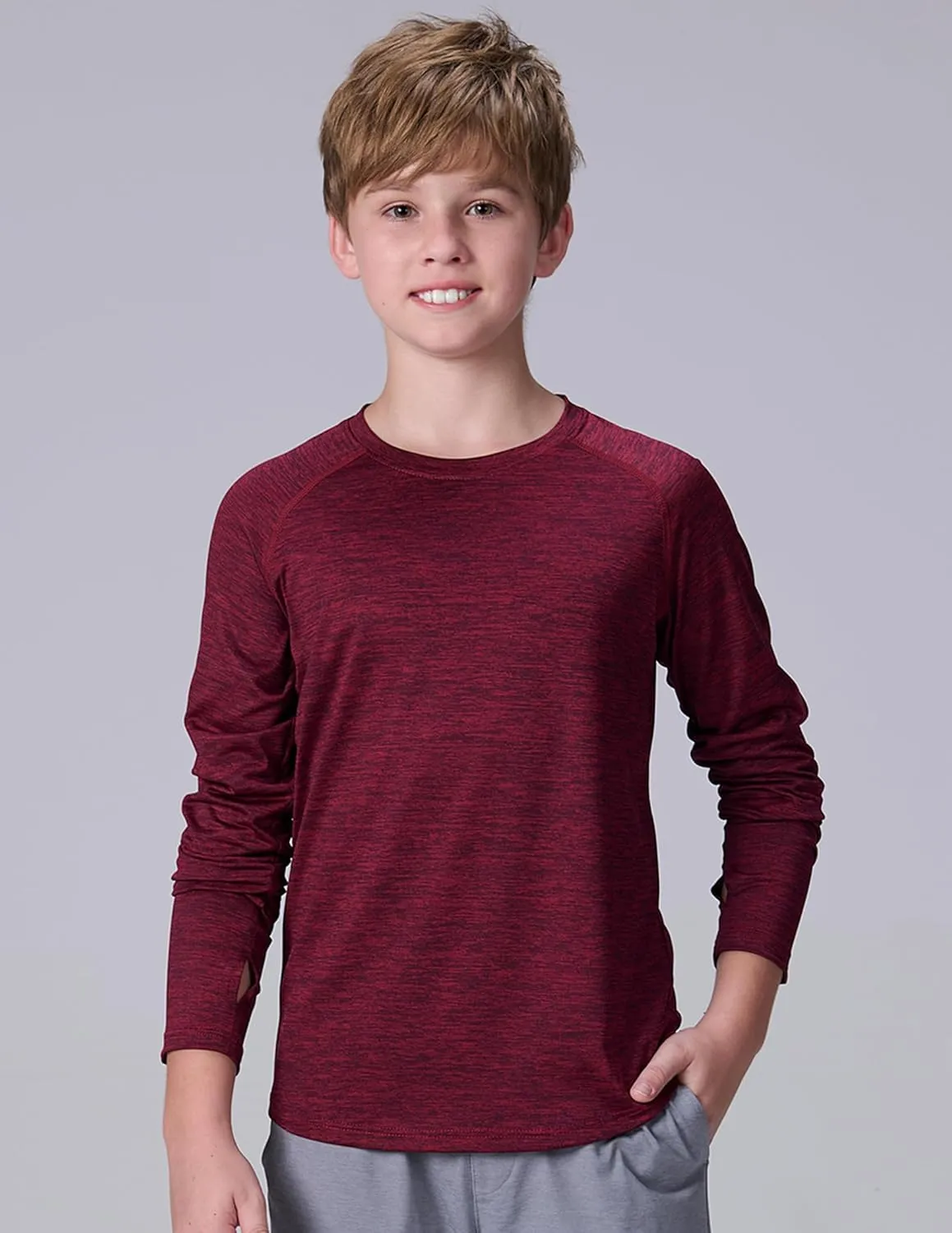 4 Pack: Youth Boys Long Sleeve Shirts Dry Fit Athletic Clothes for Teens, Kids Active Performance Tshirts with Thumb Holes