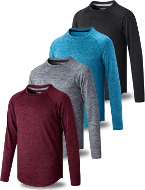 4 Pack: Youth Boys Long Sleeve Shirts Dry Fit Athletic Clothes for Teens, Kids Active Performance Tshirts with Thumb Holes
