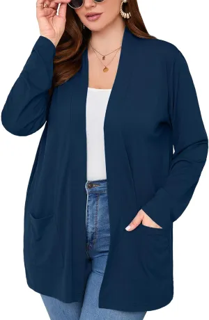 AusLook Women's Plus Size Lightweight Open Front Cardigan Dark Blue 4X Causal Long Sleeve Cover Ups Shrugs Tops Shawls and Wraps Kimono Jacket Coat