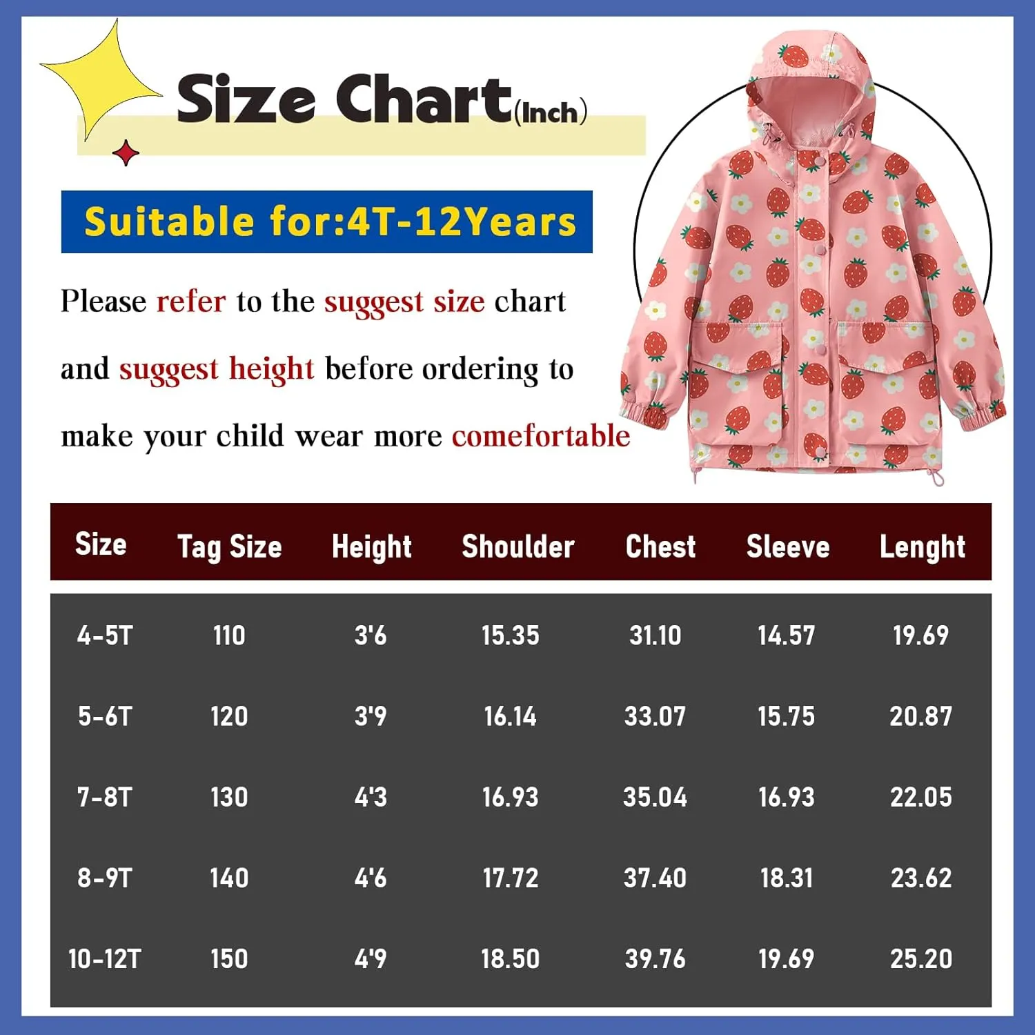 Avoogue Toddler Rain Jacket Windbreaker Lined Raincoat Waterproof Hooded Lightweight Rain Coats With Pockets 4-12Y