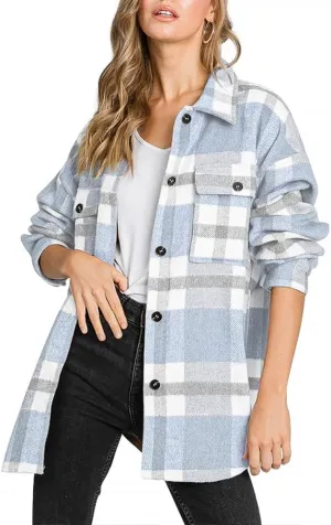 Beaully Women's Flannel Plaid Shacket Long Sleeve Button Down Shirts Jacket Coats with Side Pockets