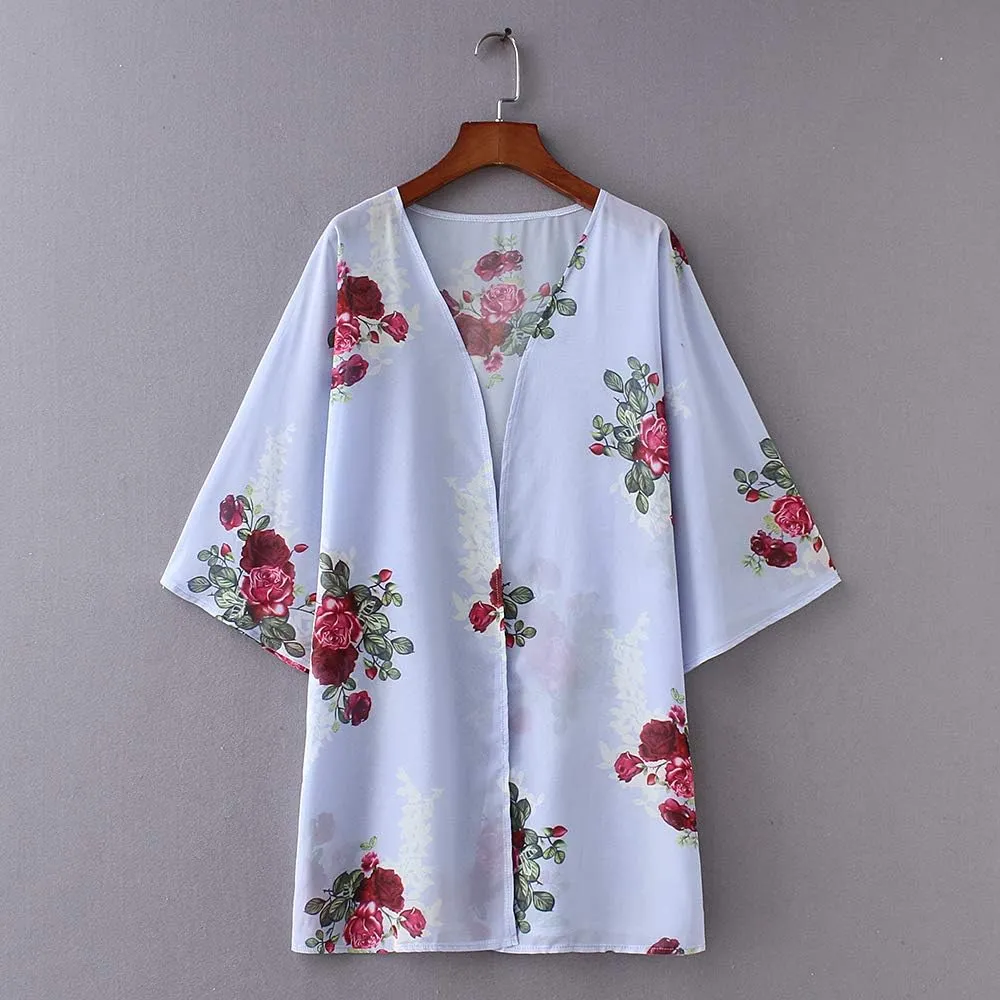 CASURESS Women's Sheer Chiffon Summer Blouse Tops Kimono Cardigan Floral Casual Loose Cover Ups Swimwear