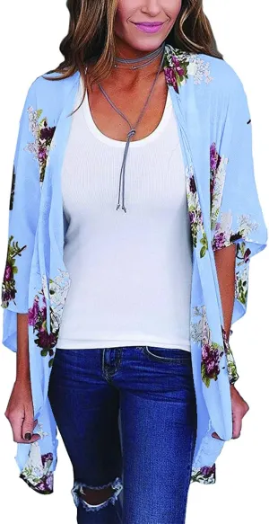 CASURESS Women's Sheer Chiffon Summer Blouse Tops Kimono Cardigan Floral Casual Loose Cover Ups Swimwear