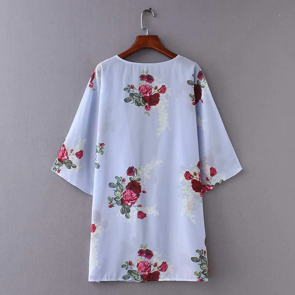 CASURESS Women's Sheer Chiffon Summer Blouse Tops Kimono Cardigan Floral Casual Loose Cover Ups Swimwear