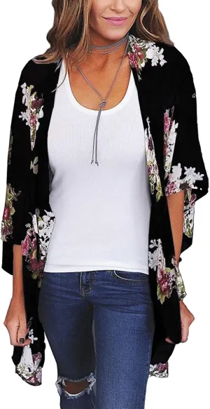 CASURESS Women's Sheer Chiffon Summer Blouse Tops Kimono Cardigan Floral Casual Loose Cover Ups Swimwear