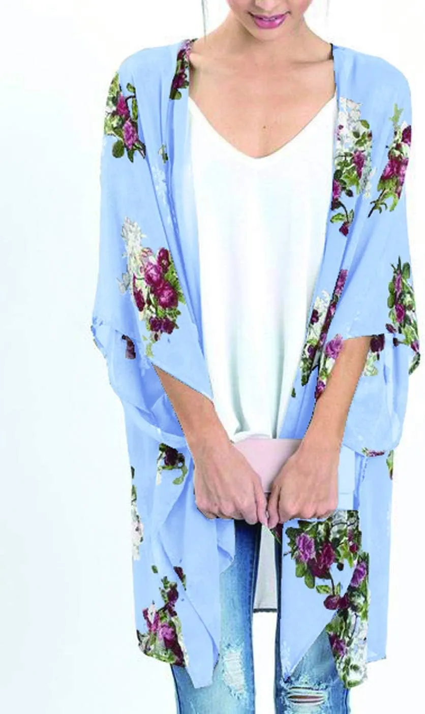 CASURESS Women's Sheer Chiffon Summer Blouse Tops Kimono Cardigan Floral Casual Loose Cover Ups Swimwear