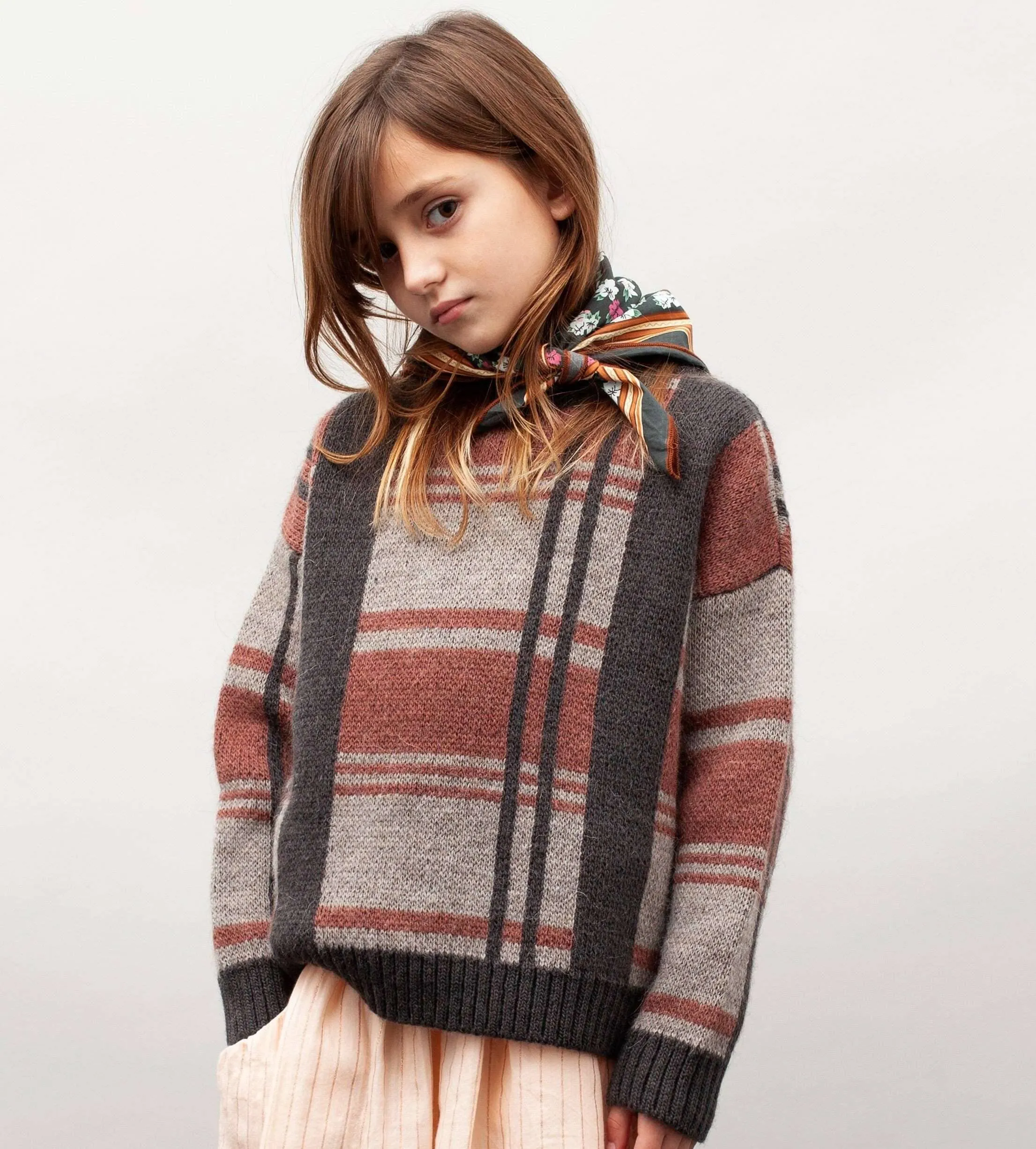 Checked Turtleneck Knit Sweater in Beige