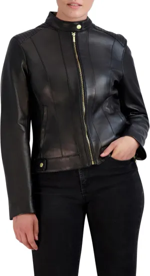Cole Haan Women's Racer with Quilted Panels Leather Jacket