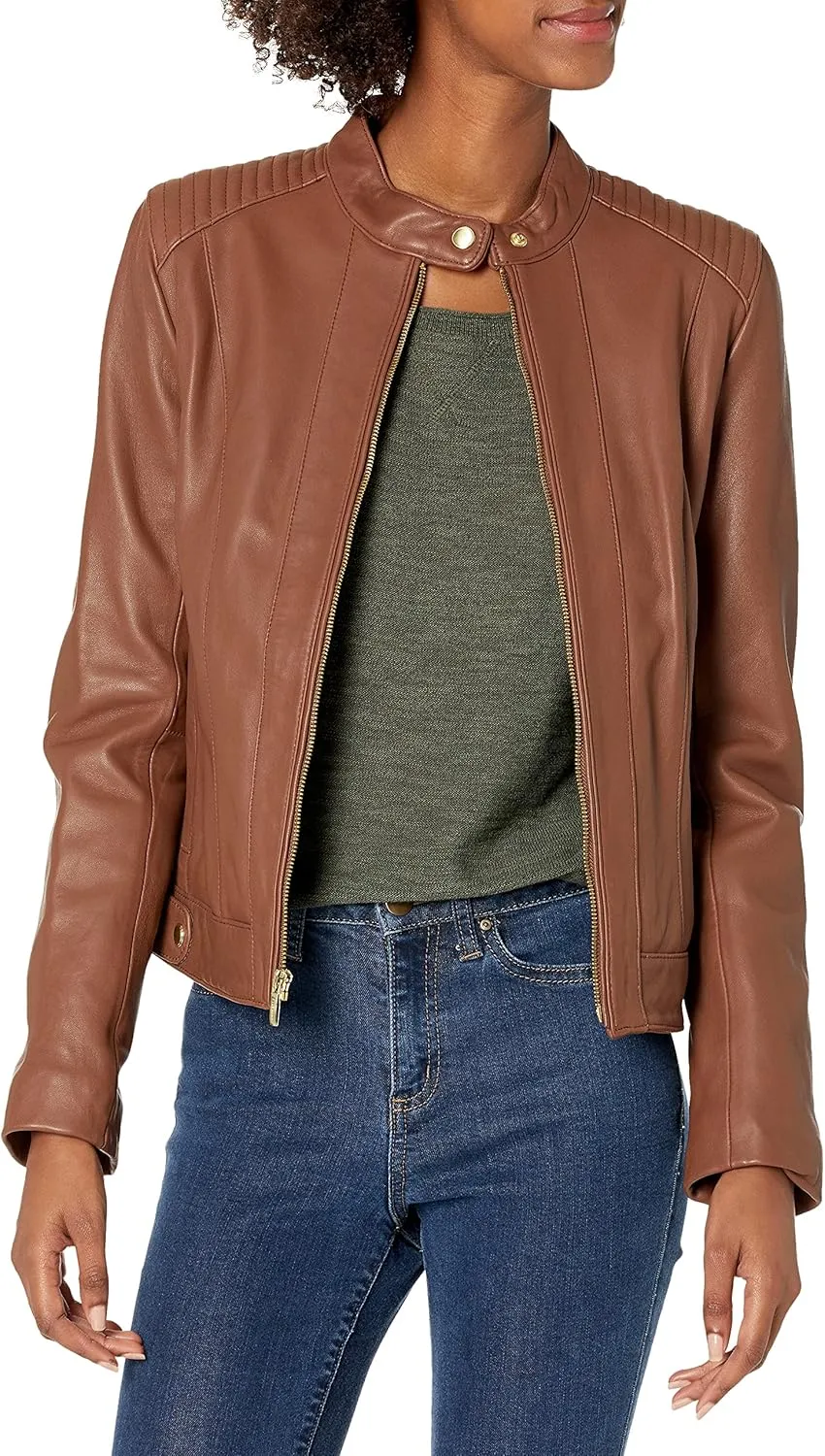 Cole Haan Women's Racer with Quilted Panels Leather Jacket