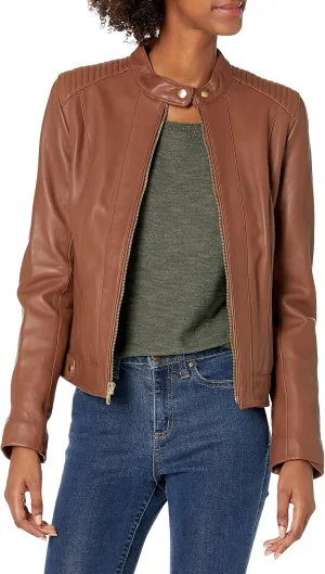 Cole Haan Women's Racer with Quilted Panels Leather Jacket