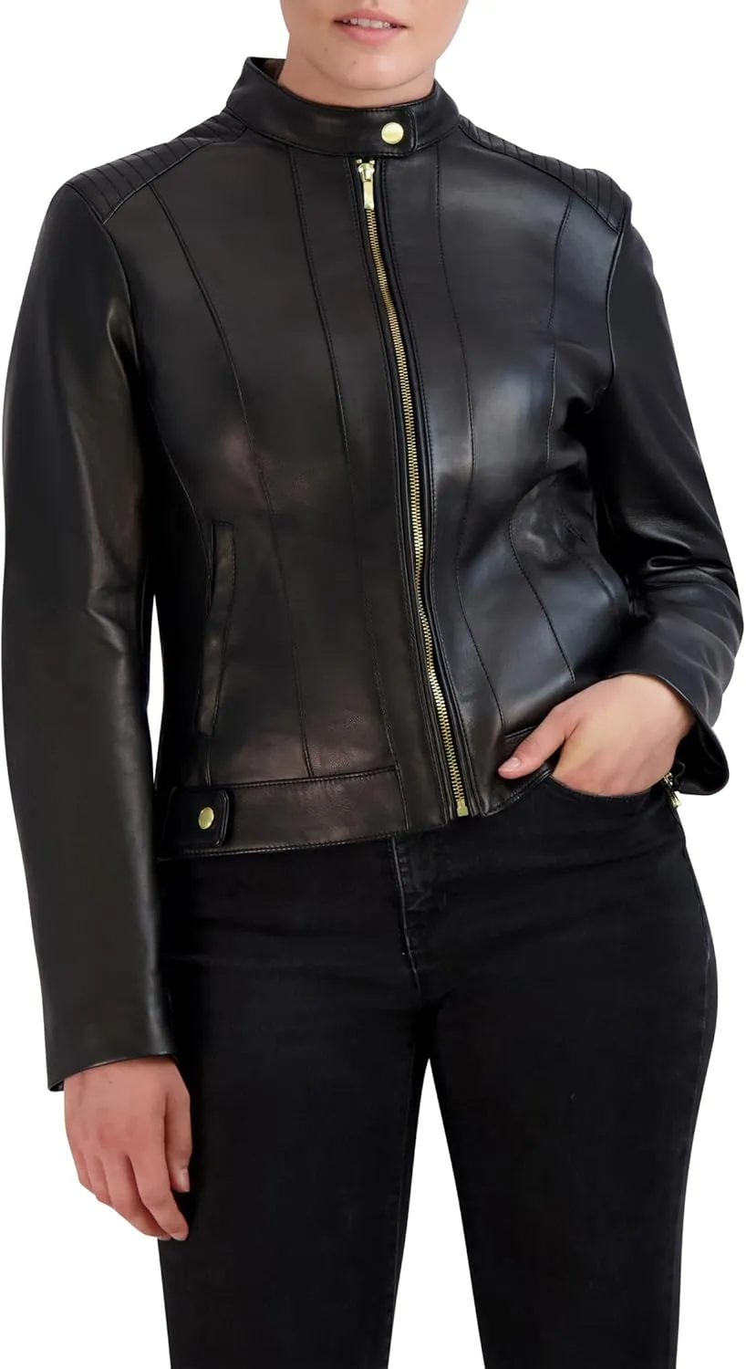Cole Haan Women's Racer with Quilted Panels Leather Jacket