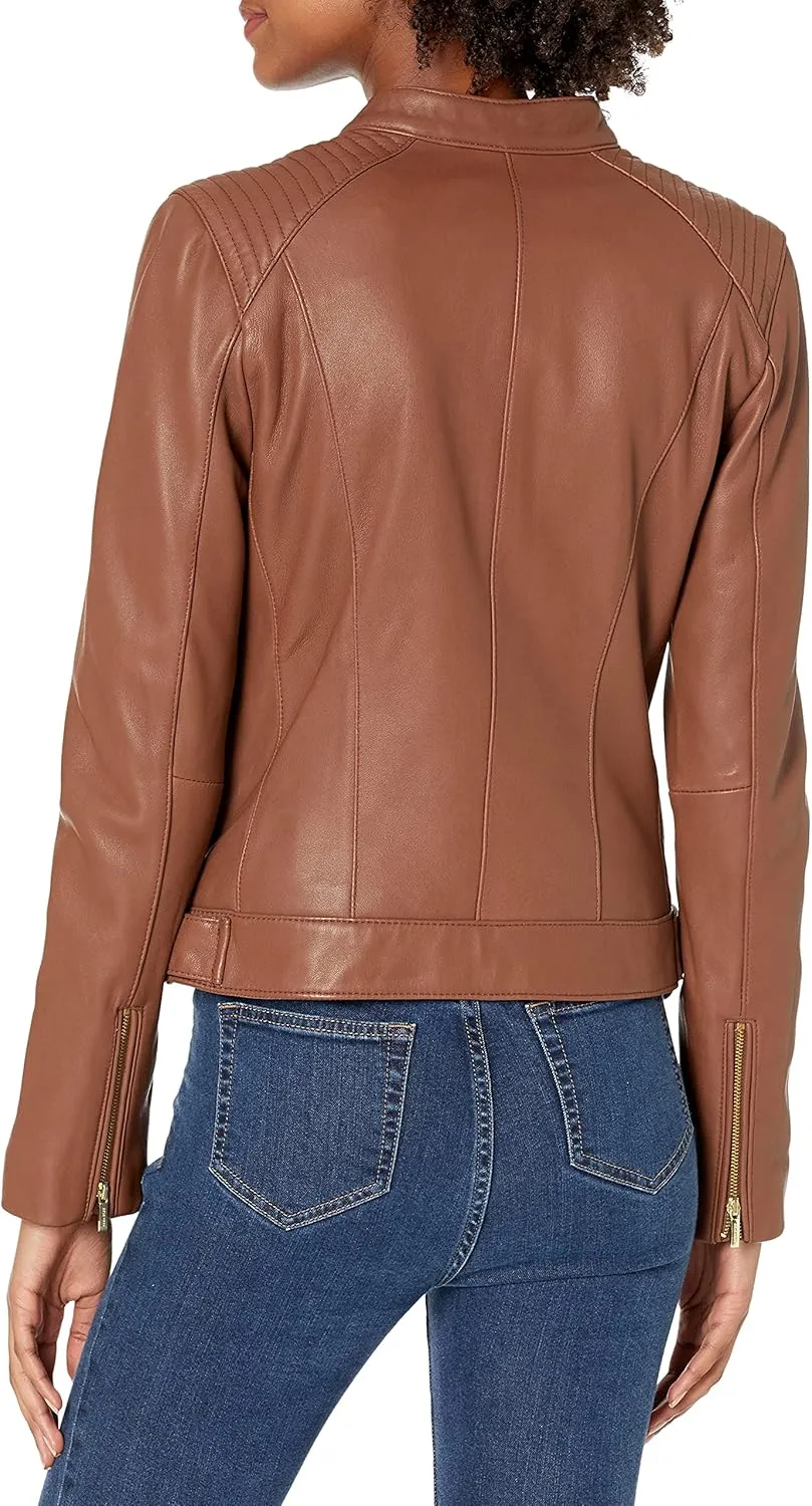 Cole Haan Women's Racer with Quilted Panels Leather Jacket