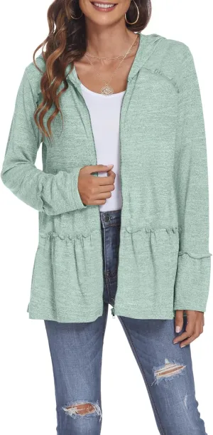 DEESHA Plus Size Zip Up Hoodie for Curvy Women Spring Ruffle Hooded Sweatshirts Jacket Cardigans Lightweight