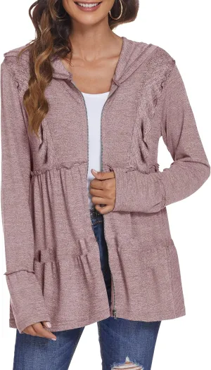DEESHA Plus Size Zip Up Hoodie for Curvy Women Spring Ruffle Hooded Sweatshirts Jacket Cardigans Lightweight