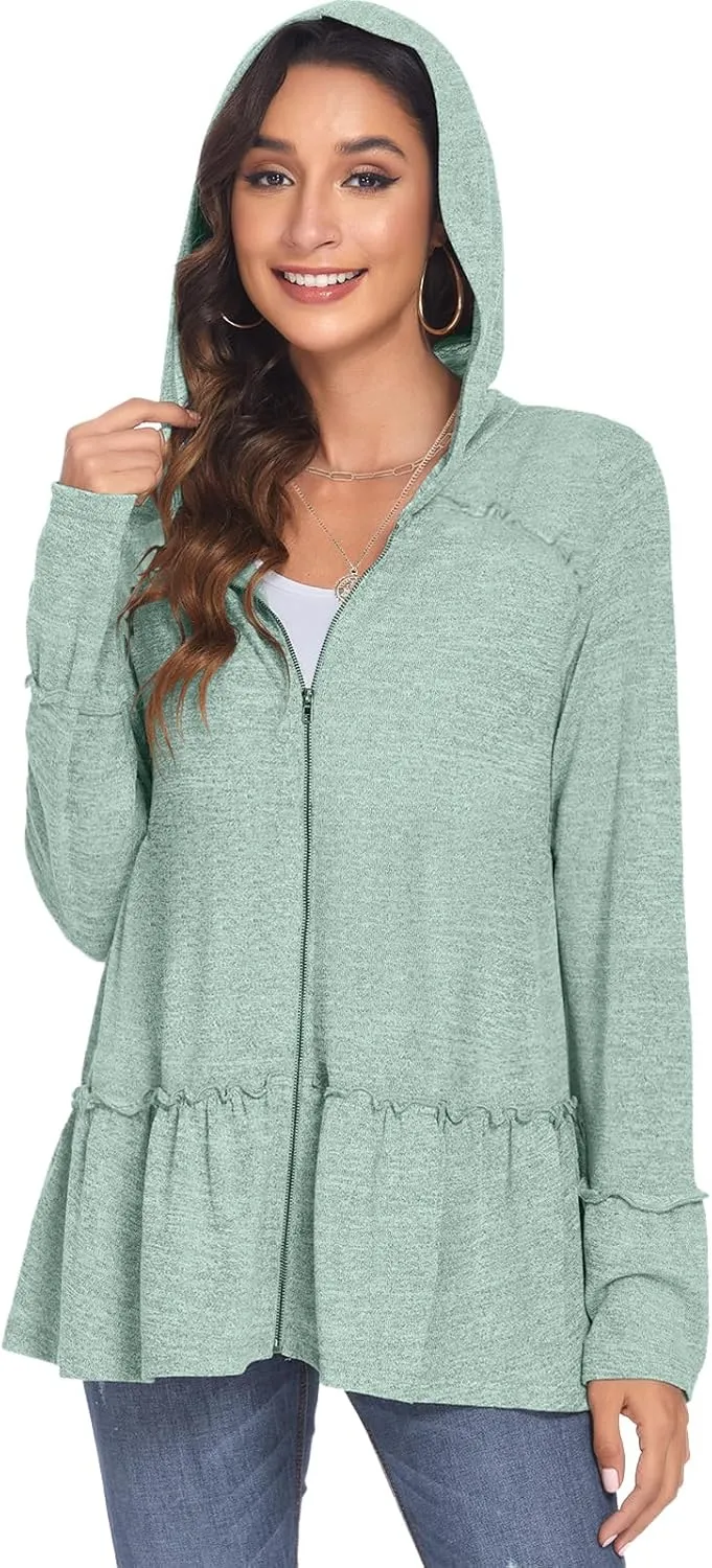 DEESHA Plus Size Zip Up Hoodie for Curvy Women Spring Ruffle Hooded Sweatshirts Jacket Cardigans Lightweight