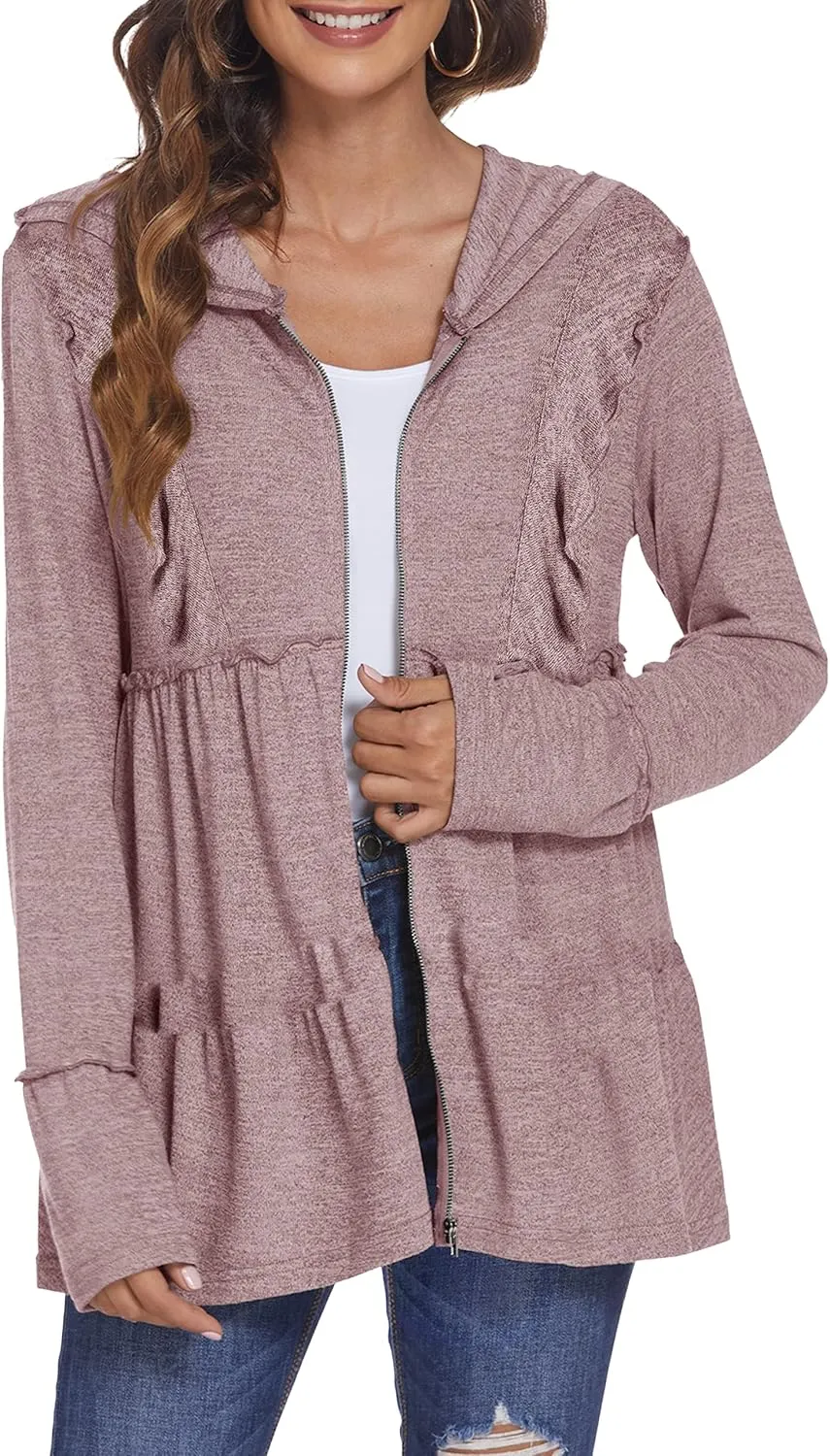 DEESHA Plus Size Zip Up Hoodie for Curvy Women Spring Ruffle Hooded Sweatshirts Jacket Cardigans Lightweight