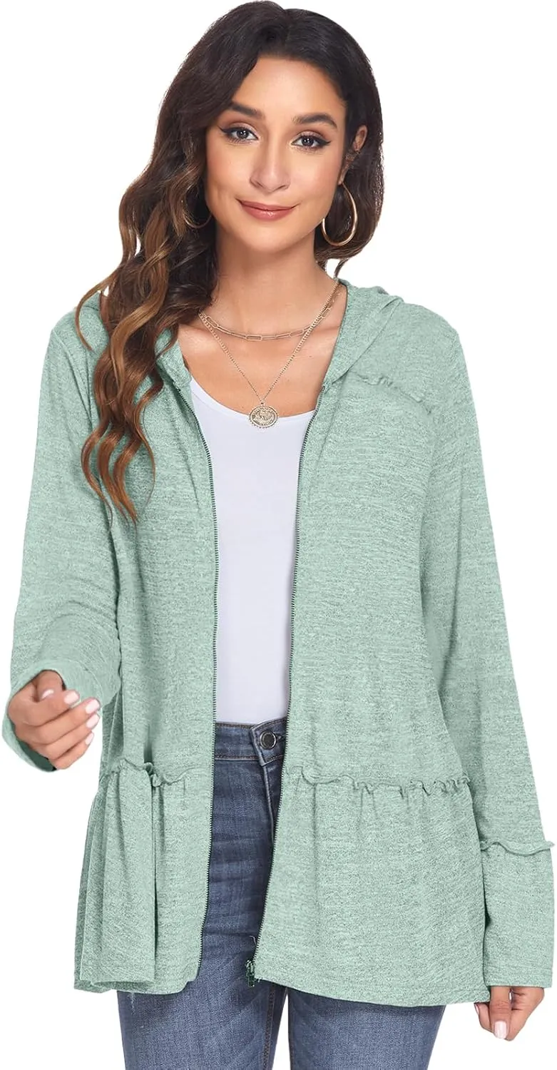 DEESHA Plus Size Zip Up Hoodie for Curvy Women Spring Ruffle Hooded Sweatshirts Jacket Cardigans Lightweight