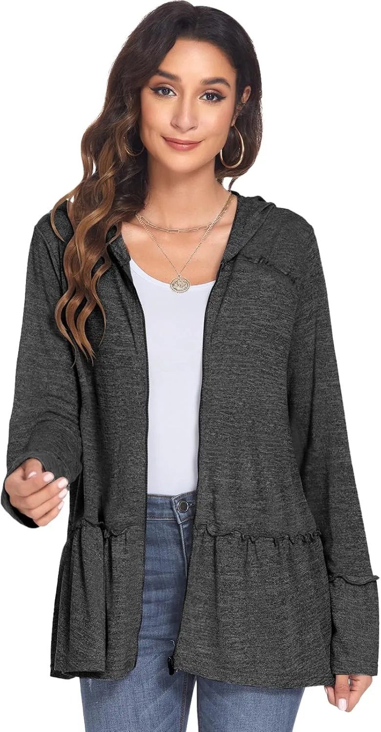 DEESHA Plus Size Zip Up Hoodie for Curvy Women Spring Ruffle Hooded Sweatshirts Jacket Cardigans Lightweight