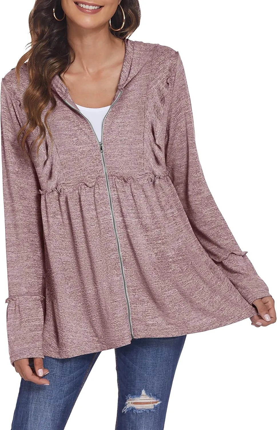DEESHA Plus Size Zip Up Hoodie for Curvy Women Spring Ruffle Hooded Sweatshirts Jacket Cardigans Lightweight
