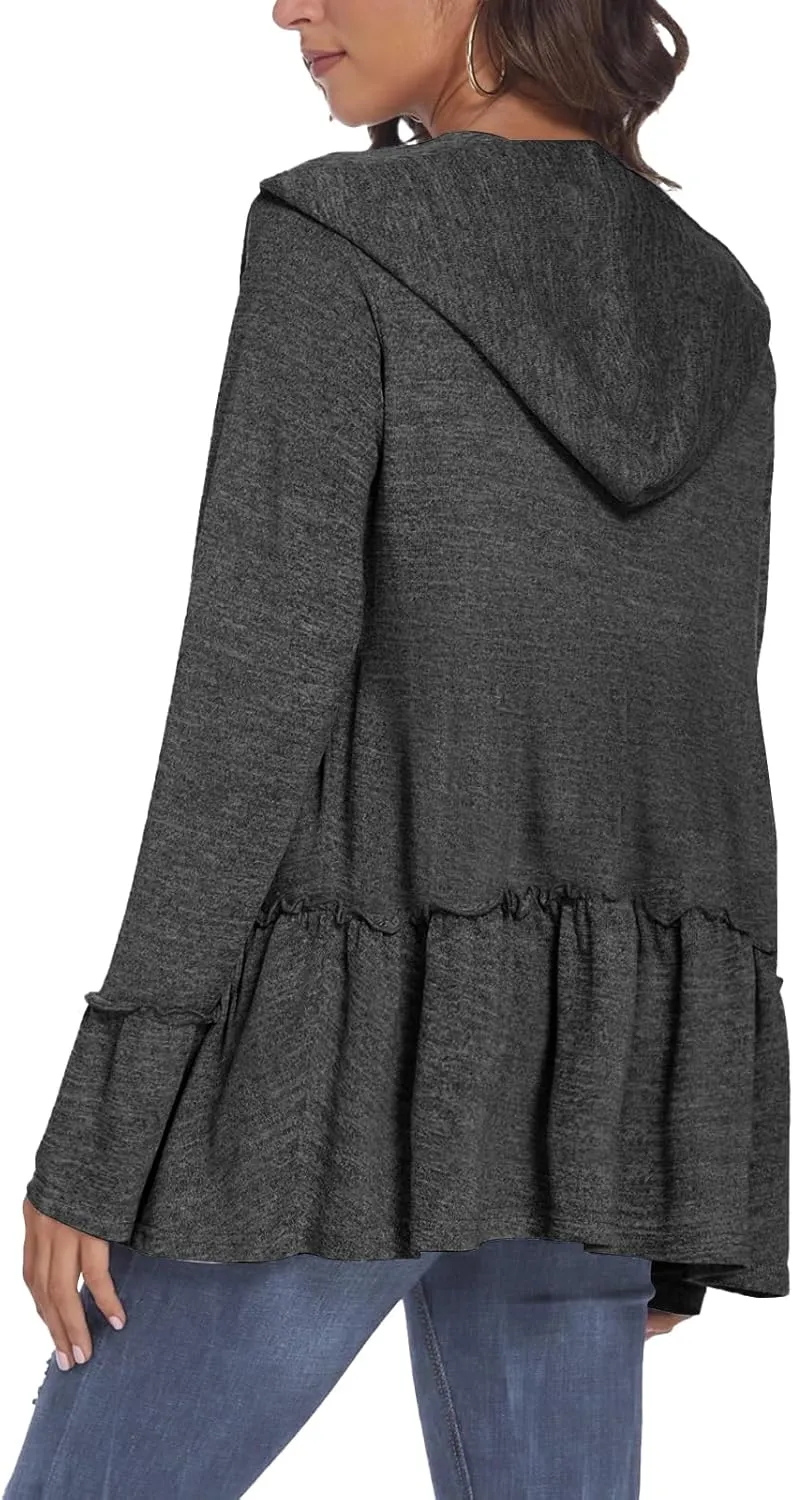 DEESHA Plus Size Zip Up Hoodie for Curvy Women Spring Ruffle Hooded Sweatshirts Jacket Cardigans Lightweight