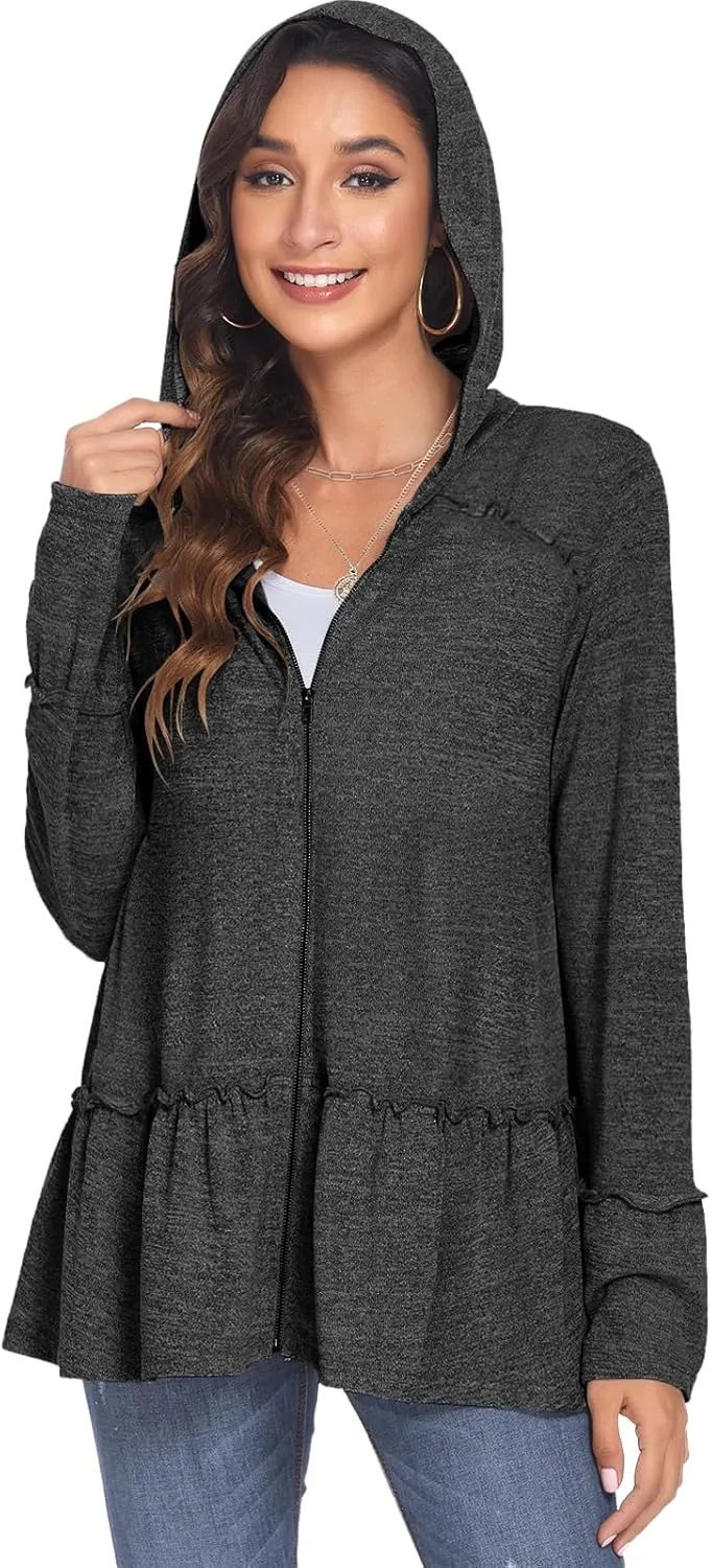 DEESHA Plus Size Zip Up Hoodie for Curvy Women Spring Ruffle Hooded Sweatshirts Jacket Cardigans Lightweight