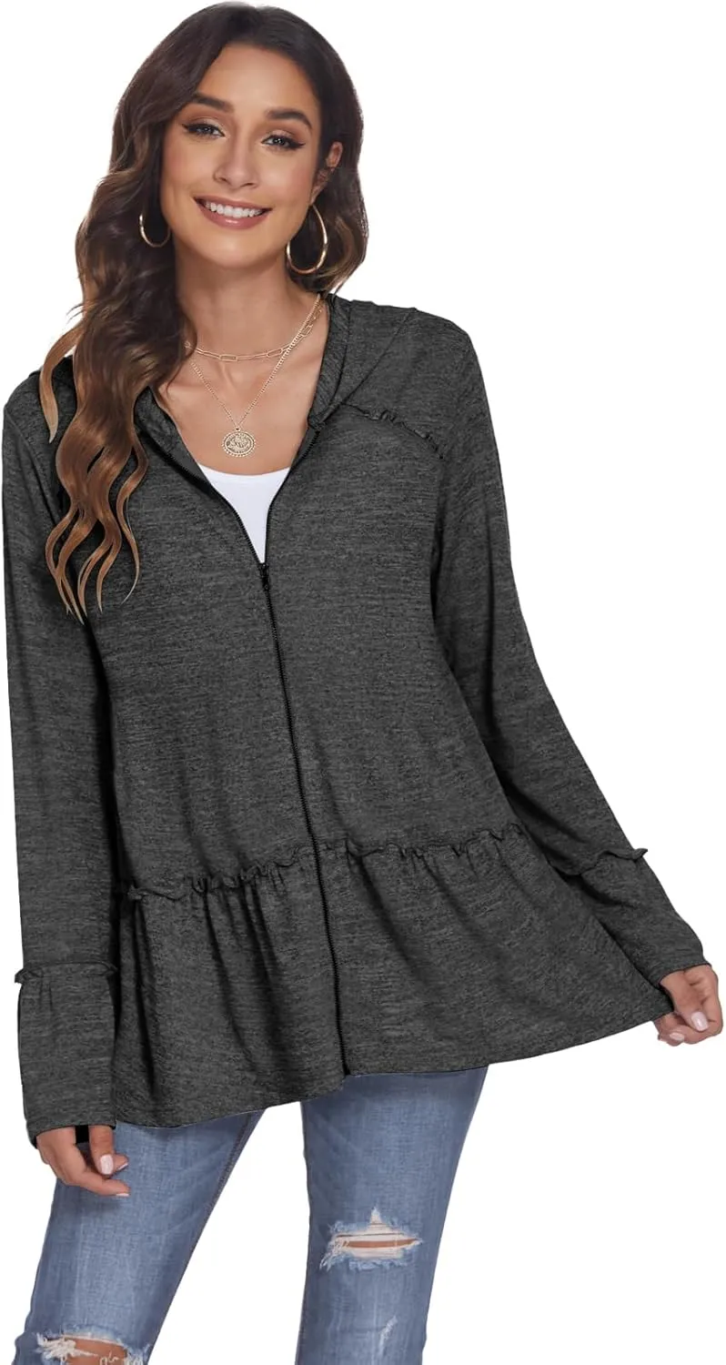 DEESHA Plus Size Zip Up Hoodie for Curvy Women Spring Ruffle Hooded Sweatshirts Jacket Cardigans Lightweight