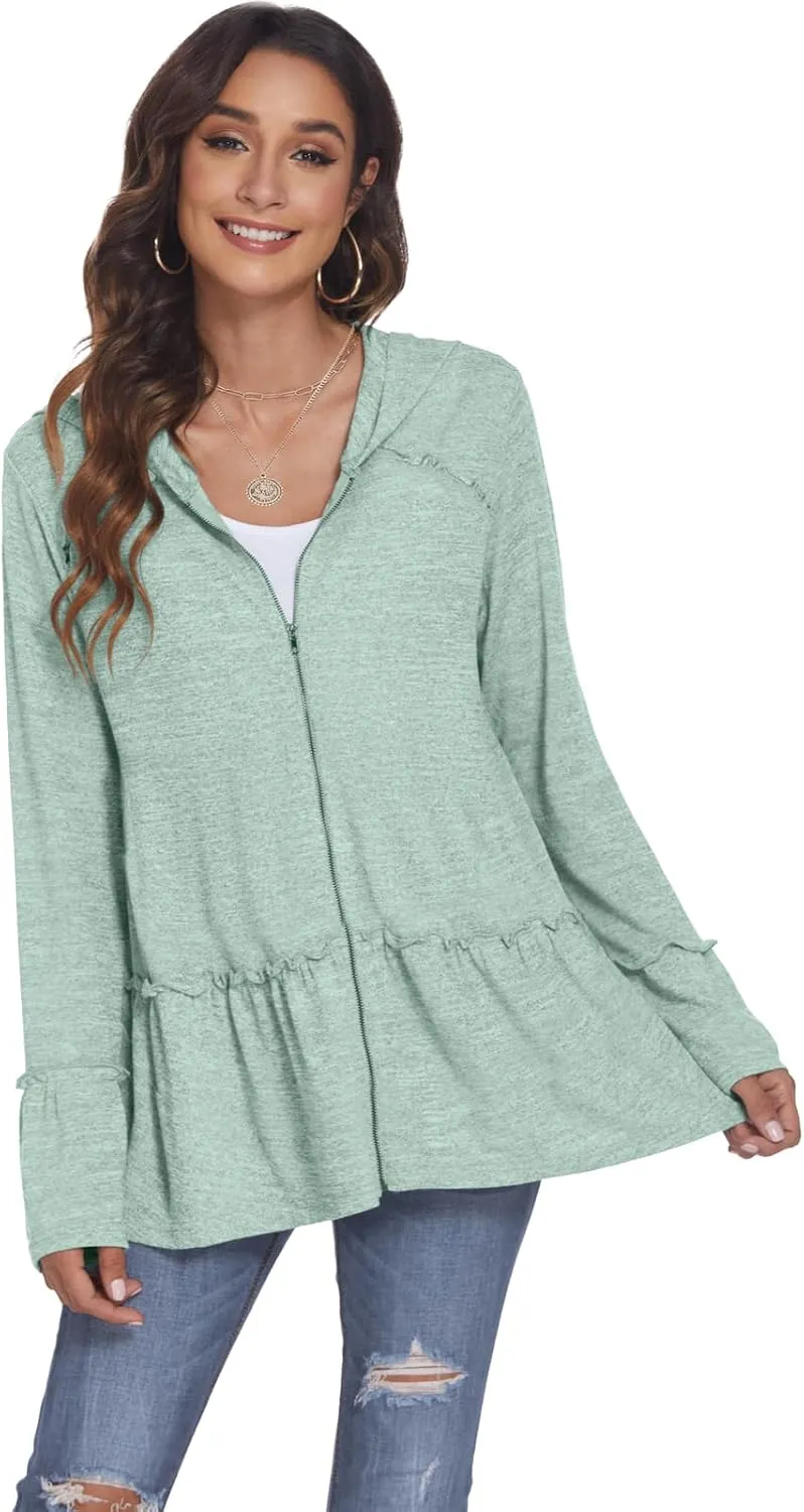 DEESHA Plus Size Zip Up Hoodie for Curvy Women Spring Ruffle Hooded Sweatshirts Jacket Cardigans Lightweight