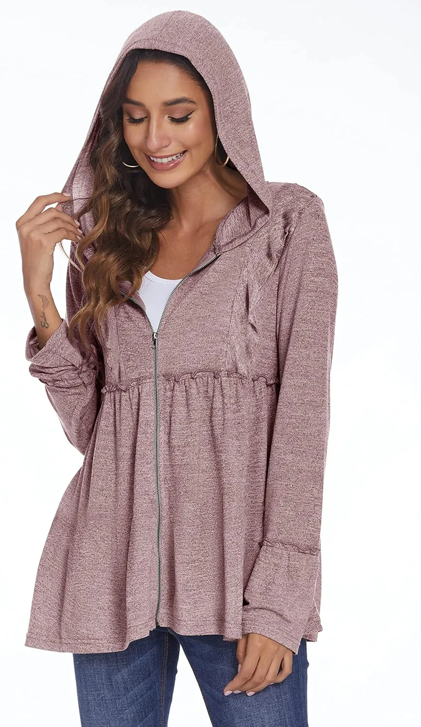 DEESHA Plus Size Zip Up Hoodie for Curvy Women Spring Ruffle Hooded Sweatshirts Jacket Cardigans Lightweight