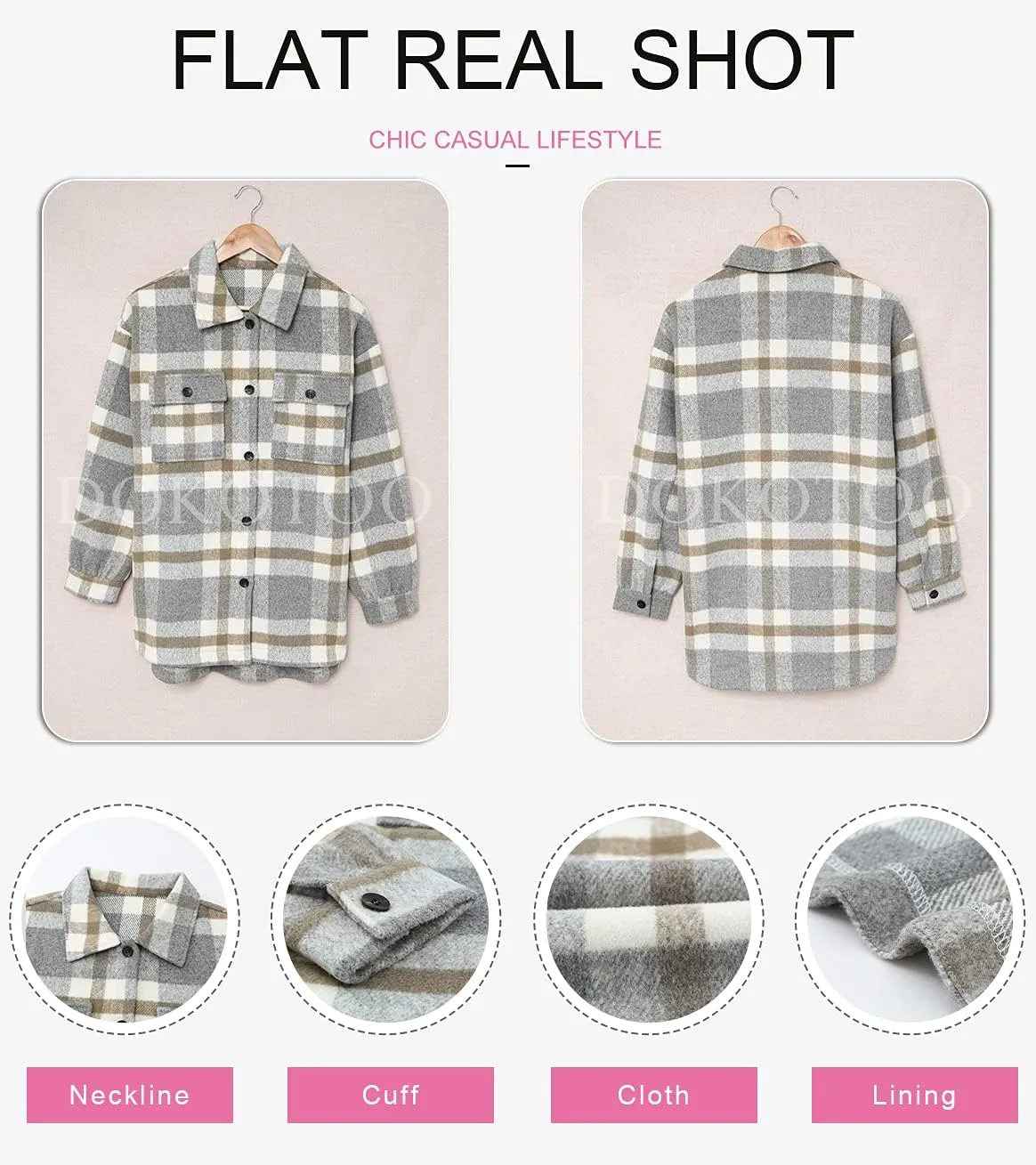Dokotoo Womens Casual Plaid Button Down Long Sleeve Shirts Flannel Shacket Jacket Coats