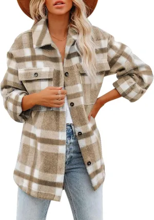 Dokotoo Womens Casual Plaid Button Down Long Sleeve Shirts Flannel Shacket Jacket Coats