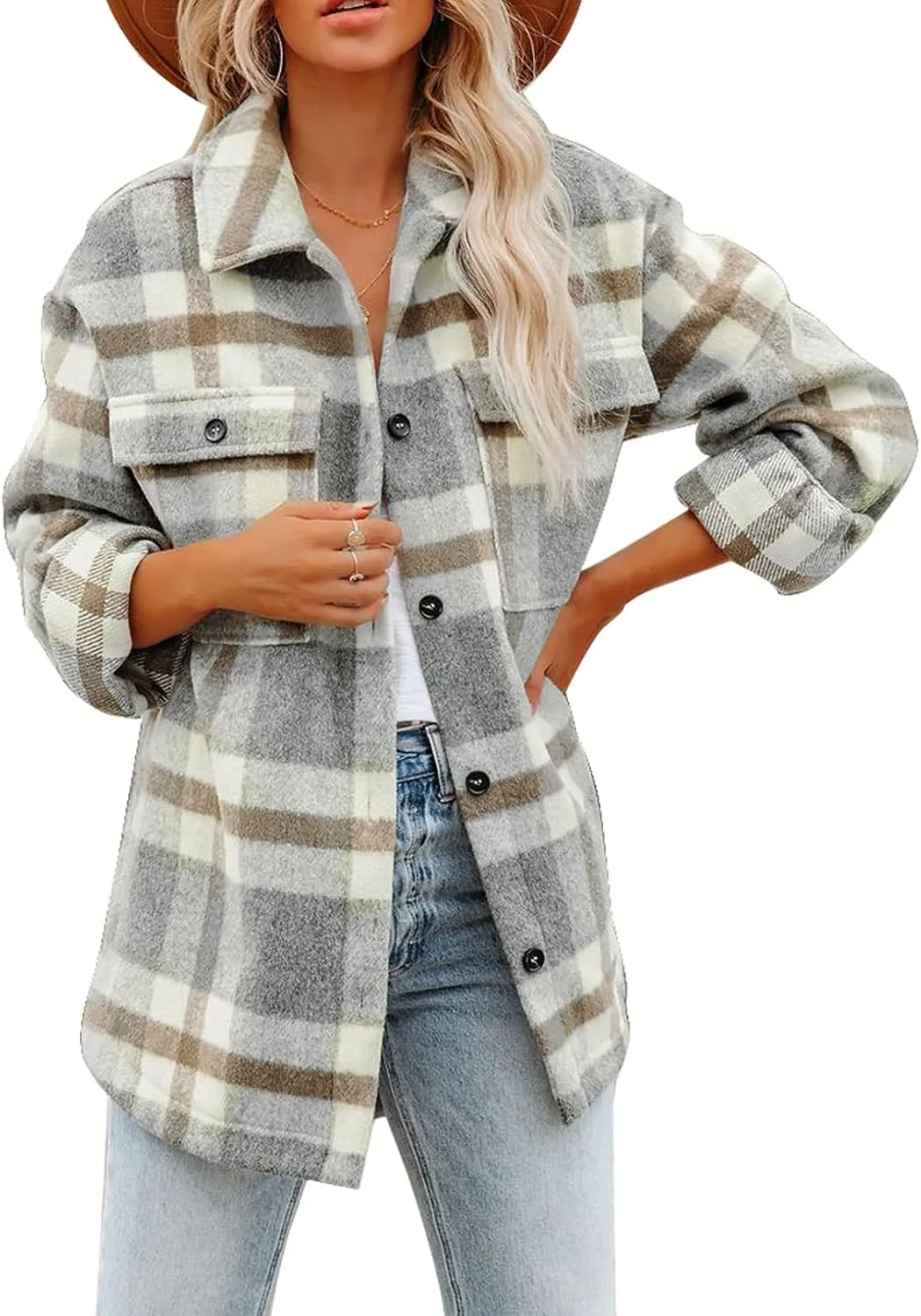 Dokotoo Womens Casual Plaid Button Down Long Sleeve Shirts Flannel Shacket Jacket Coats