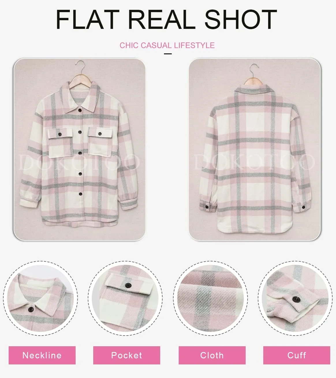 Dokotoo Womens Casual Plaid Button Down Long Sleeve Shirts Flannel Shacket Jacket Coats