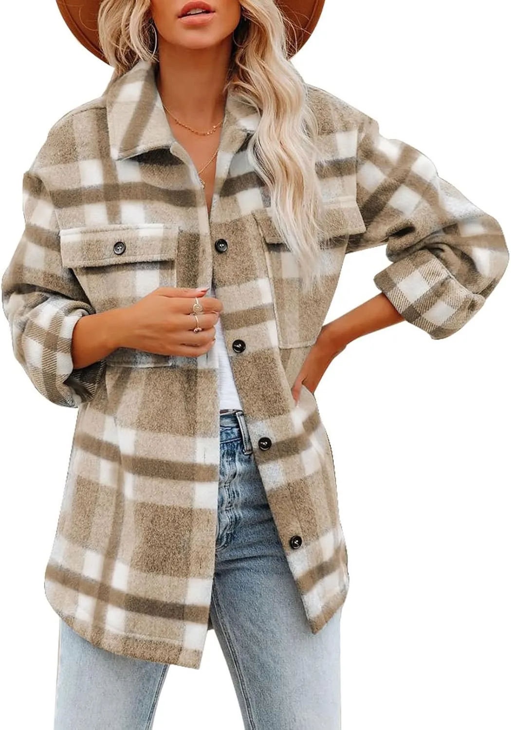 Dokotoo Womens Casual Plaid Button Down Long Sleeve Shirts Flannel Shacket Jacket Coats