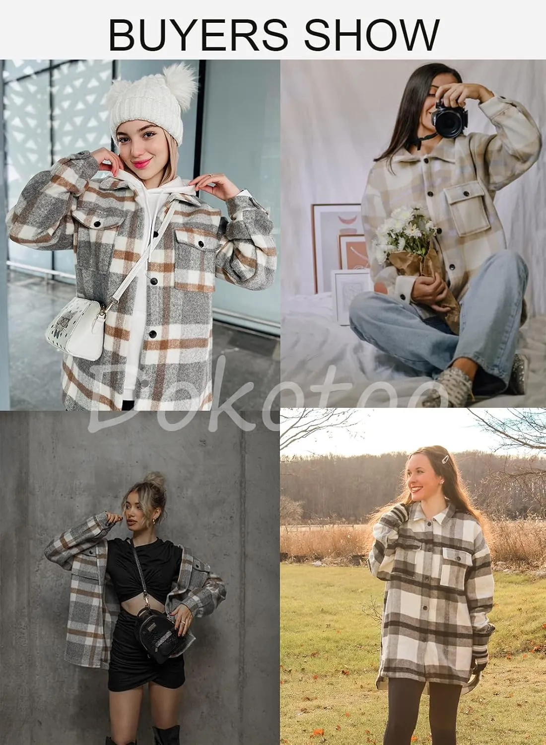 Dokotoo Womens Casual Plaid Button Down Long Sleeve Shirts Flannel Shacket Jacket Coats