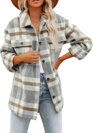 Dokotoo Womens Casual Plaid Button Down Long Sleeve Shirts Flannel Shacket Jacket Coats
