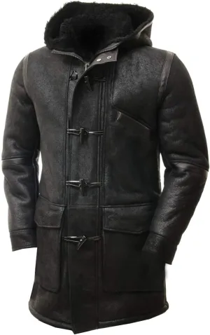 Duffle Sheepskin Leather Jacket for Men Artificial Fur Hooded Coat Black Toggle Button