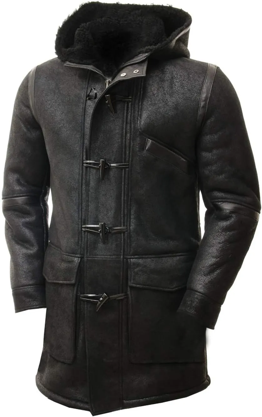 Duffle Sheepskin Leather Jacket for Men Artificial Fur Hooded Coat Black Toggle Button