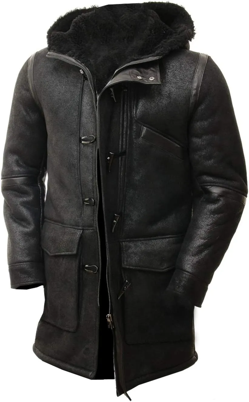 Duffle Sheepskin Leather Jacket for Men Artificial Fur Hooded Coat Black Toggle Button