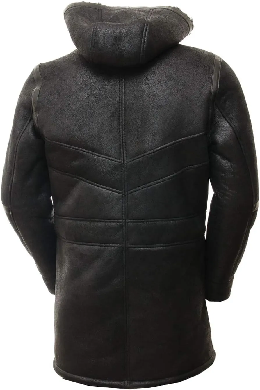 Duffle Sheepskin Leather Jacket for Men Artificial Fur Hooded Coat Black Toggle Button