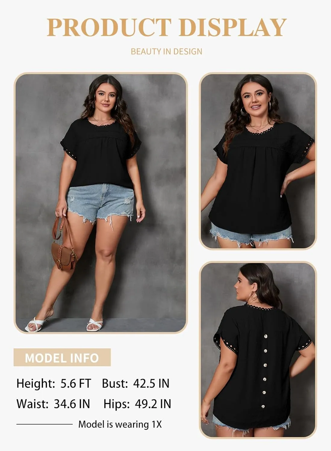 Eytino Women Plus Size Tops Crewneck Short Sleeve Lace Crochet Loose Casual Summer Blouses Shirts(1X-5X)