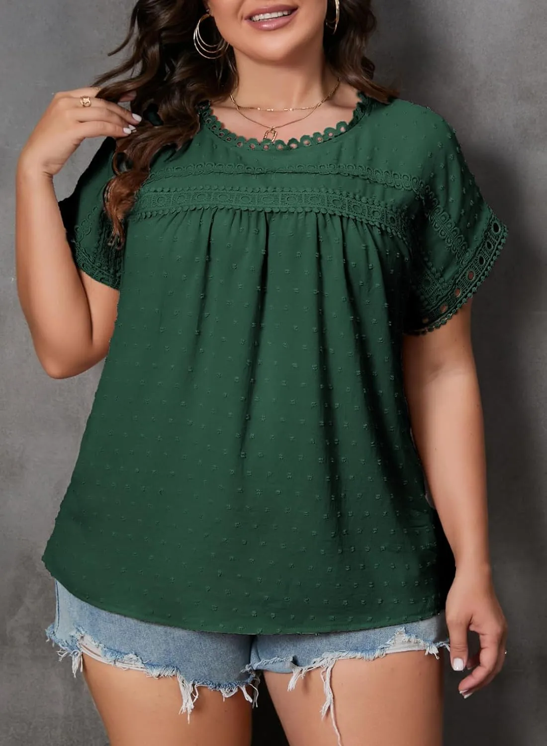 Eytino Women Plus Size Tops Crewneck Short Sleeve Lace Crochet Loose Casual Summer Blouses Shirts(1X-5X)