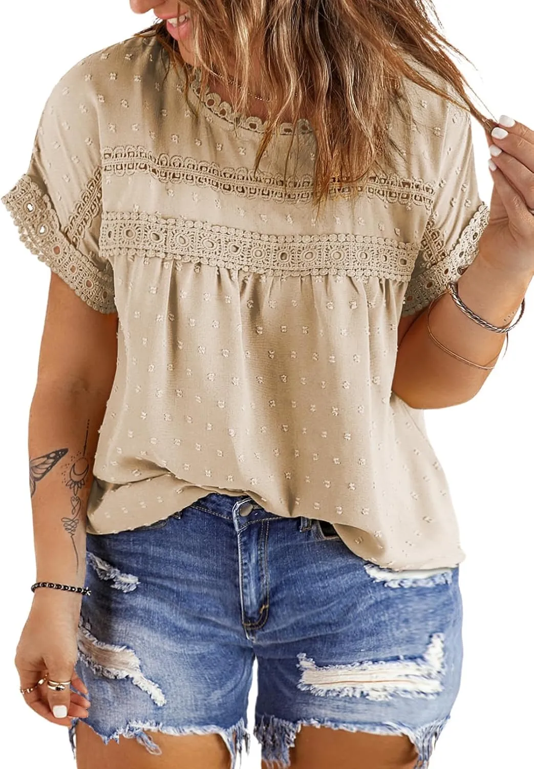 Eytino Women Plus Size Tops Crewneck Short Sleeve Lace Crochet Loose Casual Summer Blouses Shirts(1X-5X)