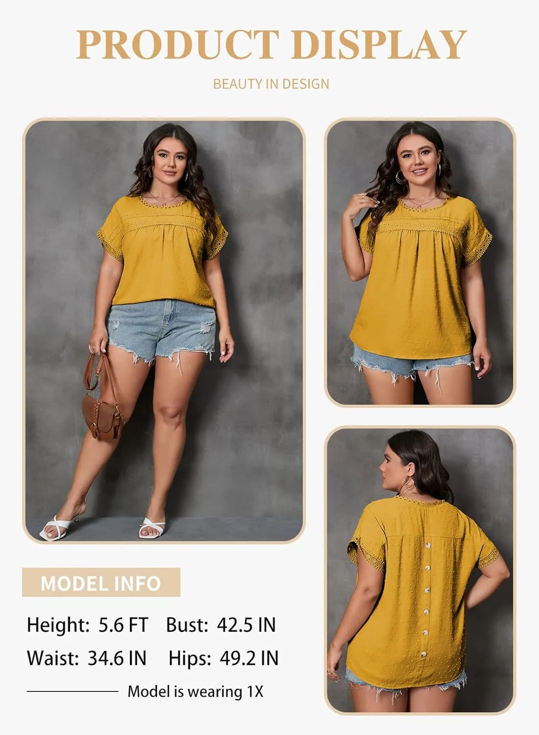 Eytino Women Plus Size Tops Crewneck Short Sleeve Lace Crochet Loose Casual Summer Blouses Shirts(1X-5X)