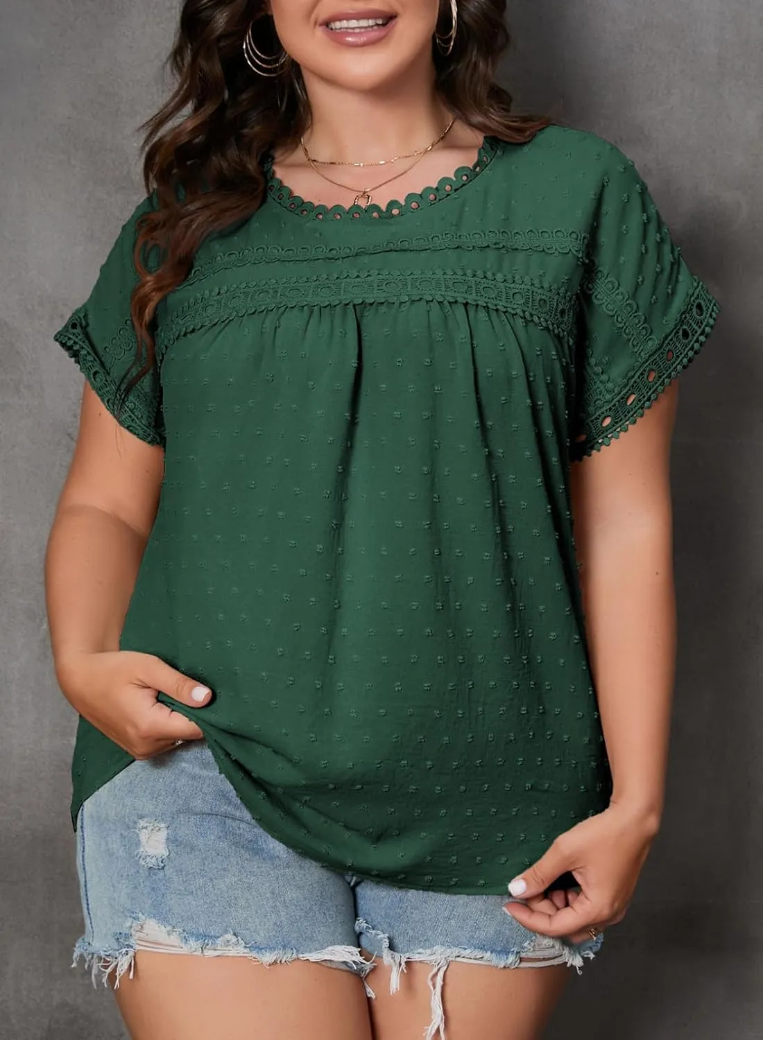 Eytino Women Plus Size Tops Crewneck Short Sleeve Lace Crochet Loose Casual Summer Blouses Shirts(1X-5X)