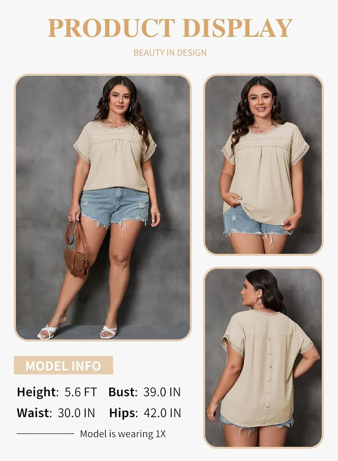 Eytino Women Plus Size Tops Crewneck Short Sleeve Lace Crochet Loose Casual Summer Blouses Shirts(1X-5X)